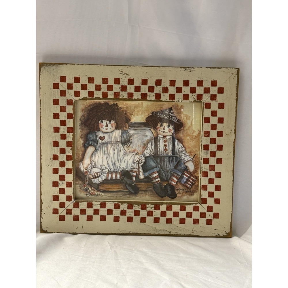 Theresa Ramsey Raggedy Ann Andy Folk Art Print Framed Vintage 1990s